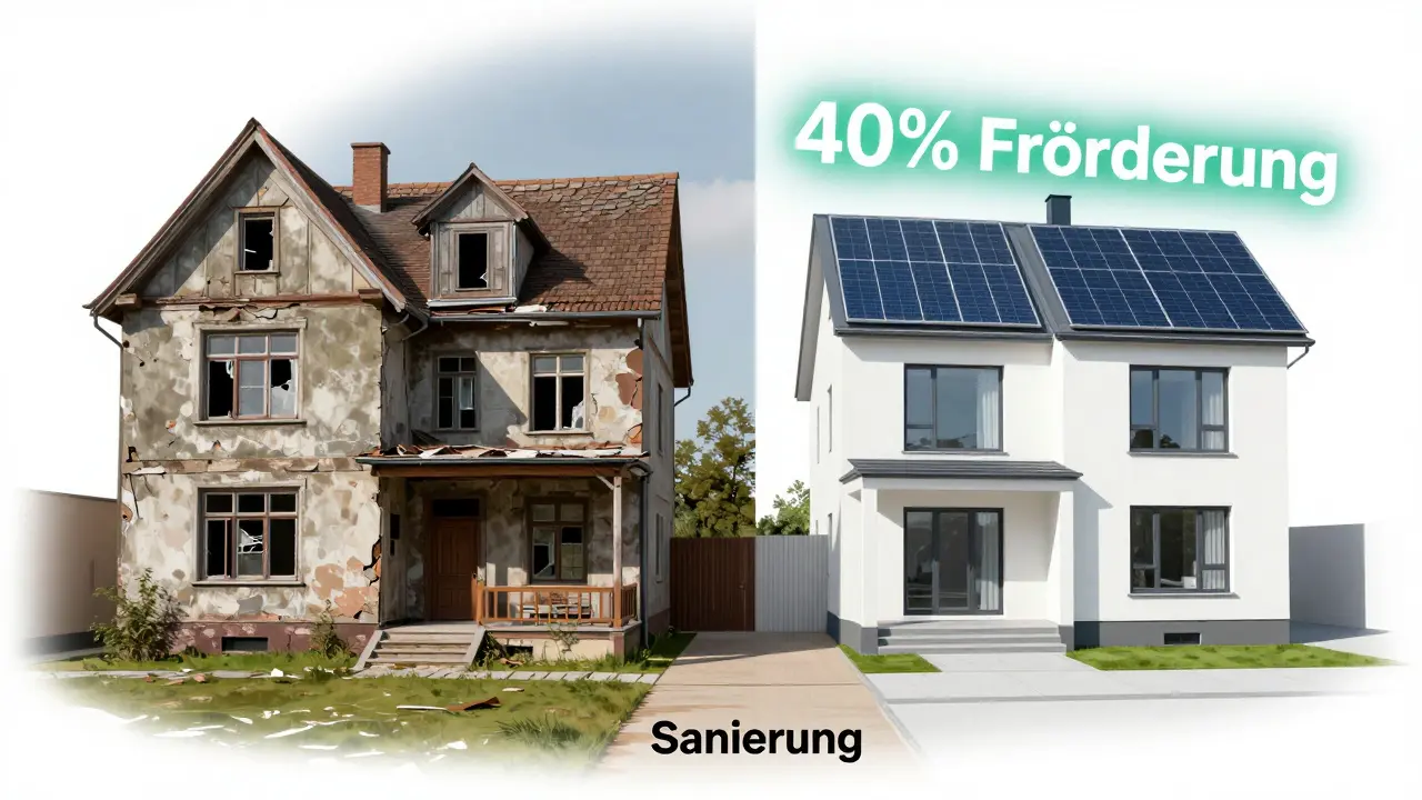 Gegensatz zwischen altem und saniertem Haus mit Förderungssymbol