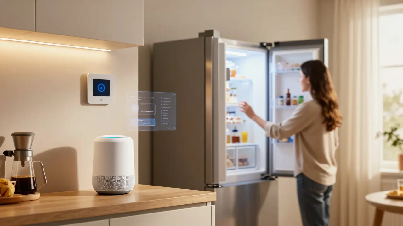 Google Home steuert automatisch Licht, Kühlschrank und Thermostat in einer modernen Küche mit intelligenter Anpassung.