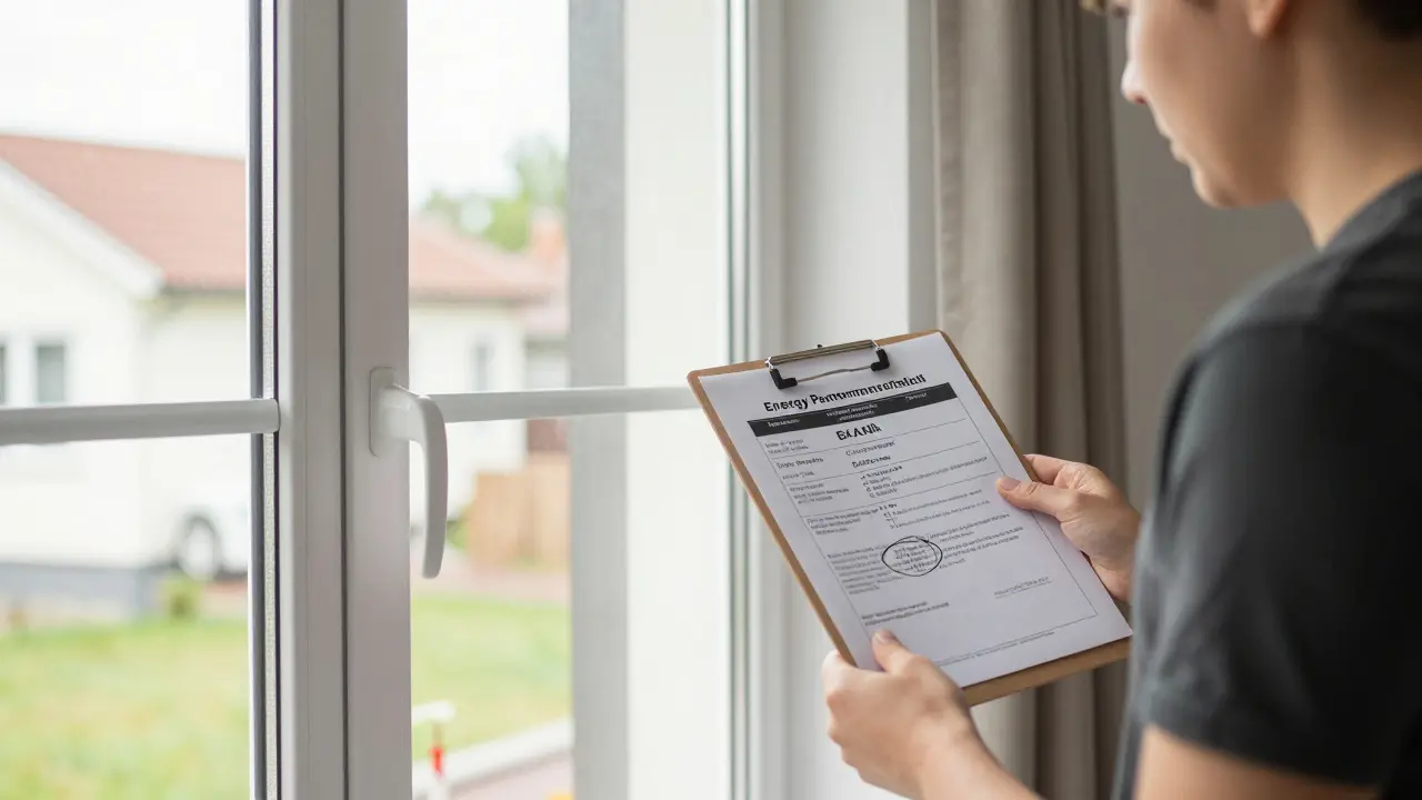 Homeowner holding energy certificate beside newly installed windows in a cozy house.