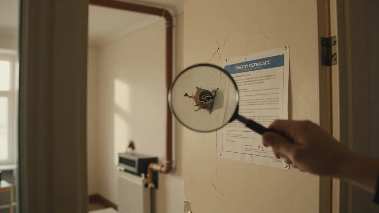 Interior of an old apartment revealing hidden defects like faulty wiring and asbestos through a magnifying glass.