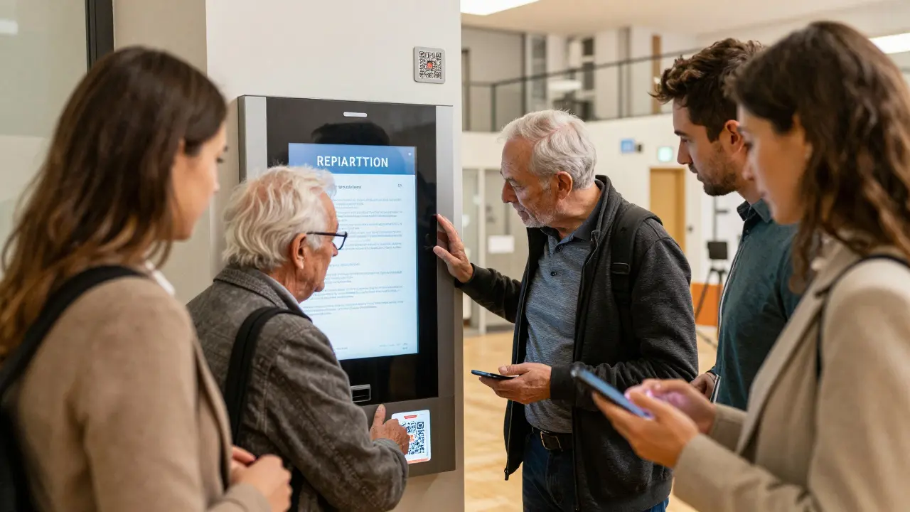 Mietinteressenten verschiedener Altersgruppen nutzen eine digitale Informationsstation in einem österreichischen Wohnhaus.