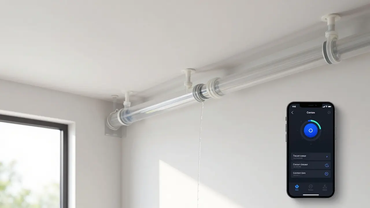 Moderne PEX-Kunststoffrohre in einem renovierten Haus, klar fließendes Wasser und ein Smartphone mit Korrosionswarnung.