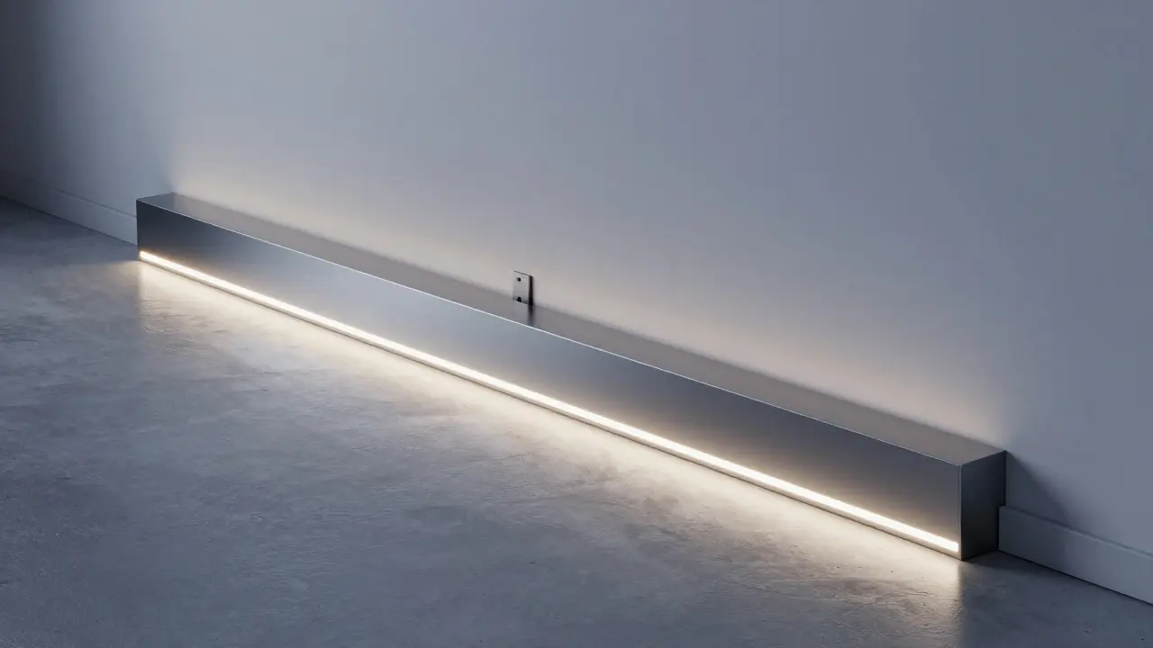 Moderne Sockelleiste mit integrierter LED-Beleuchtung an der Wand, die einen sanften Lichtstrahl auf den Boden wirft.