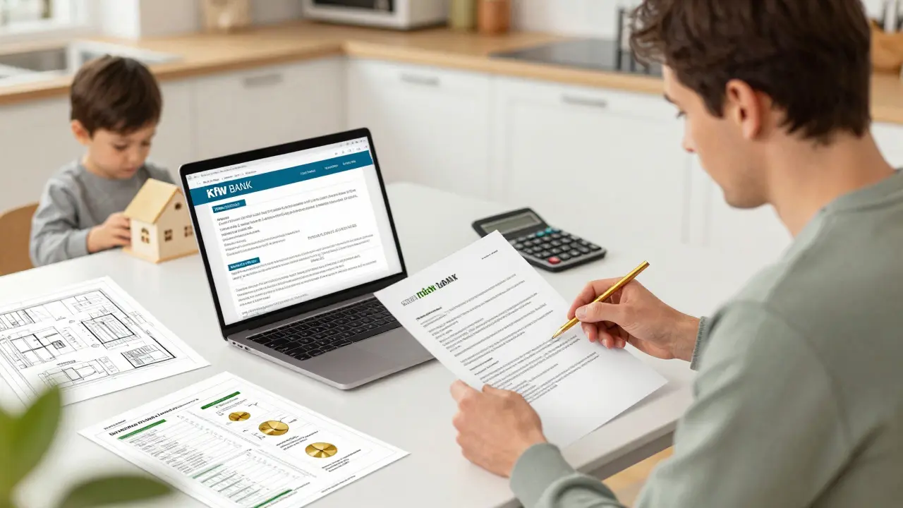 Paar berät sich zu Wohnförderprogrammen am Küchentisch mit Unterlagen