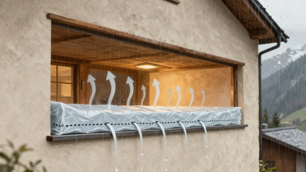 Querschnitt einer Fassade mit Luftspalt und Drainagesystem, Wasser wird nach außen geleitet.