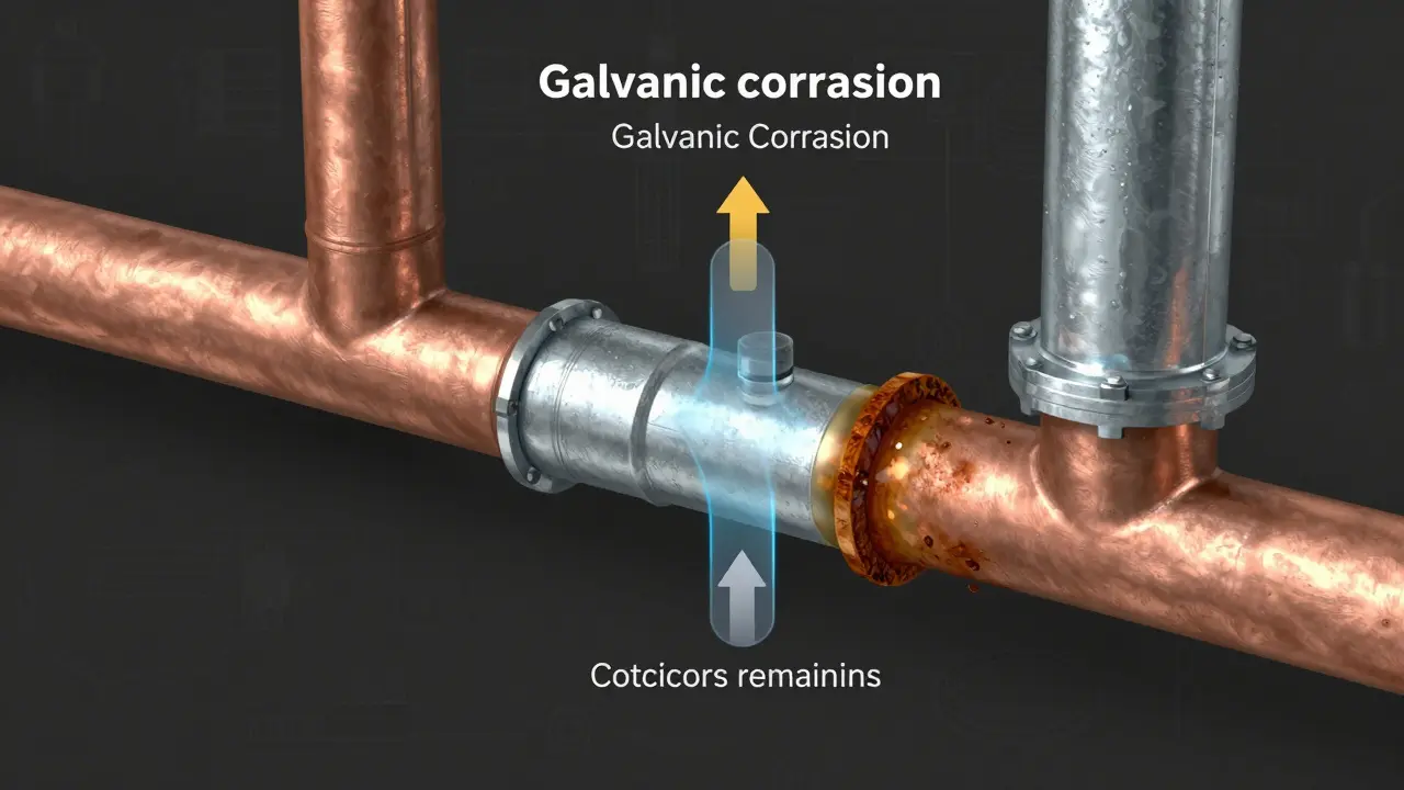 Querschnitt einer korrodierenden Wasserleitung mit Kupfer- und verzinktem Stahlrohr in direkter Verbindung.