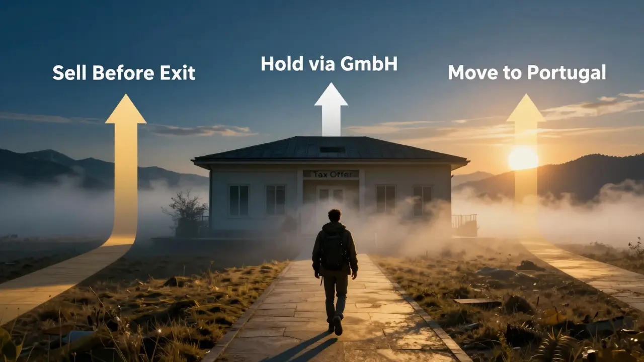 Reisender geht von einem deutschen Finanzamt weg zu drei Wegen mit unterschiedlichen steuerlichen Konsequenzen.