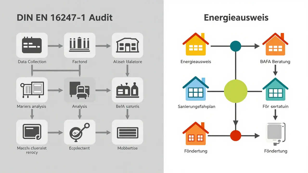 Side-by-side visual comparison: industrial energy audit process vs. home renovation roadmap.
