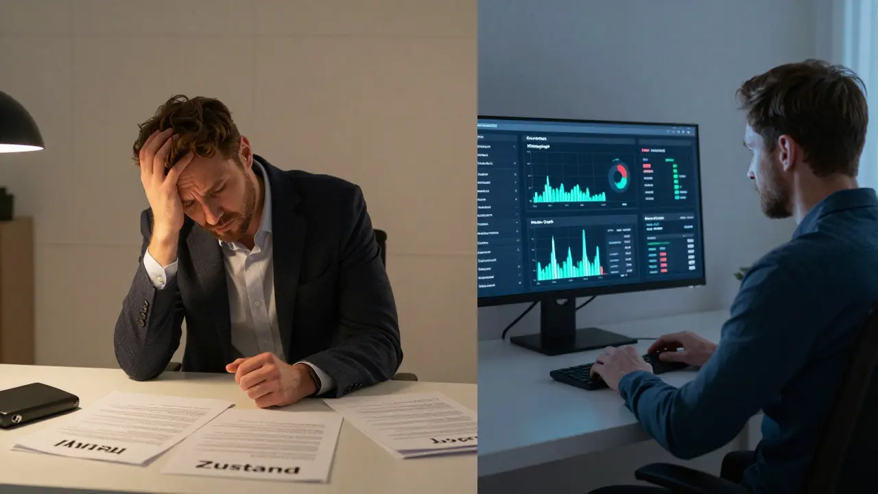 Split image of a stressed investor vs. one using a digital risk analysis dashboard for property investment.