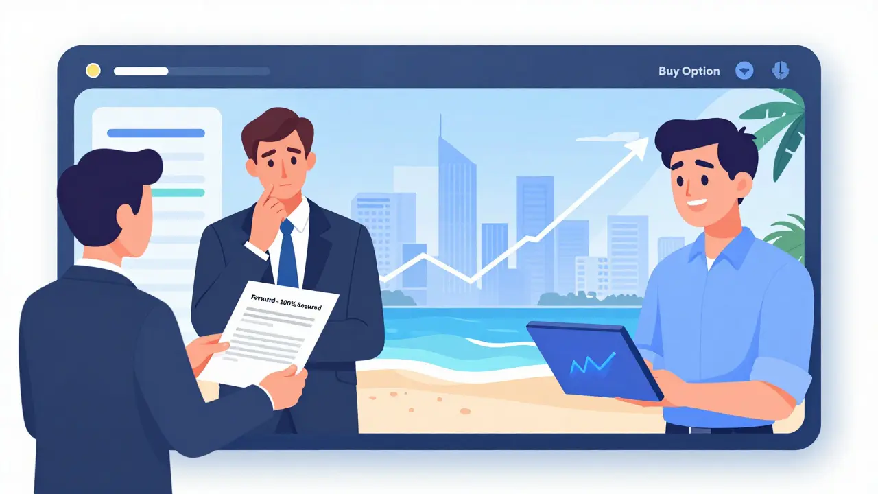 Split-Screen: Bankberater übergibt Forward-Vertrag, Investor wählt Option auf Tablet.