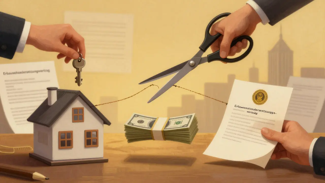 Symbolische Aufteilung eines Hauses zwischen drei Erben durch Schlüssel, Geld und Dokument – der Vertrag löst die Gemeinschaft auf.