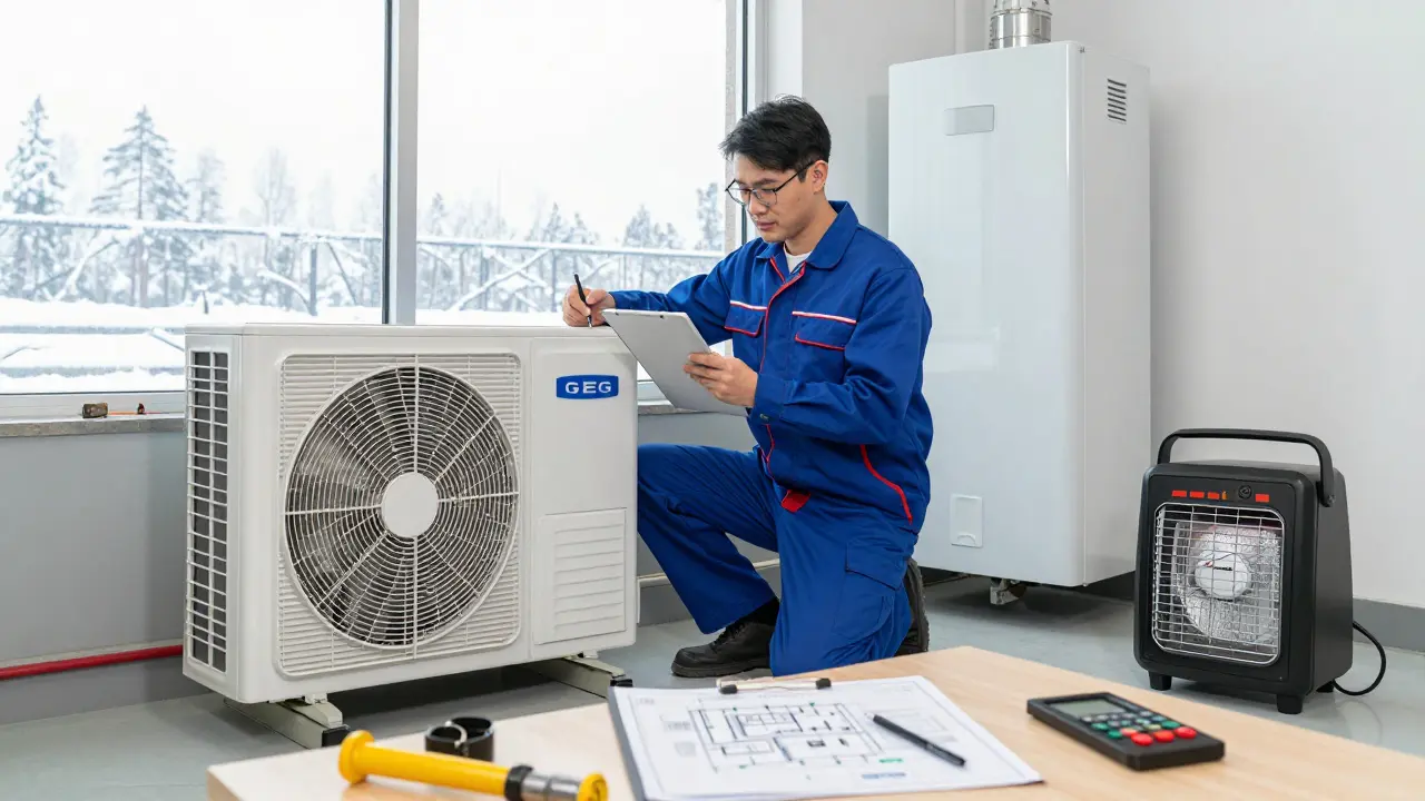 Techniker installiert eine Hybridheizung mit Wärmepumpe und Gasheizung in einer Werkstatt, während ein mobiler Heizer den Raum warm hält.