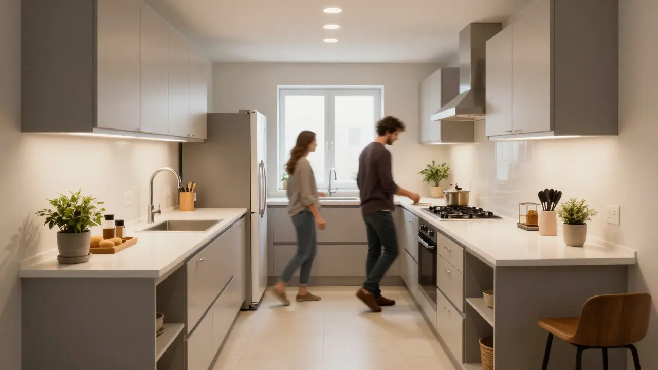 U-förmige Küche mit klaren Bewegungsräumen, Kühlschrank, Spüle und Kochfeld im magischen Dreieck, zwei Personen bewegen sich frei.