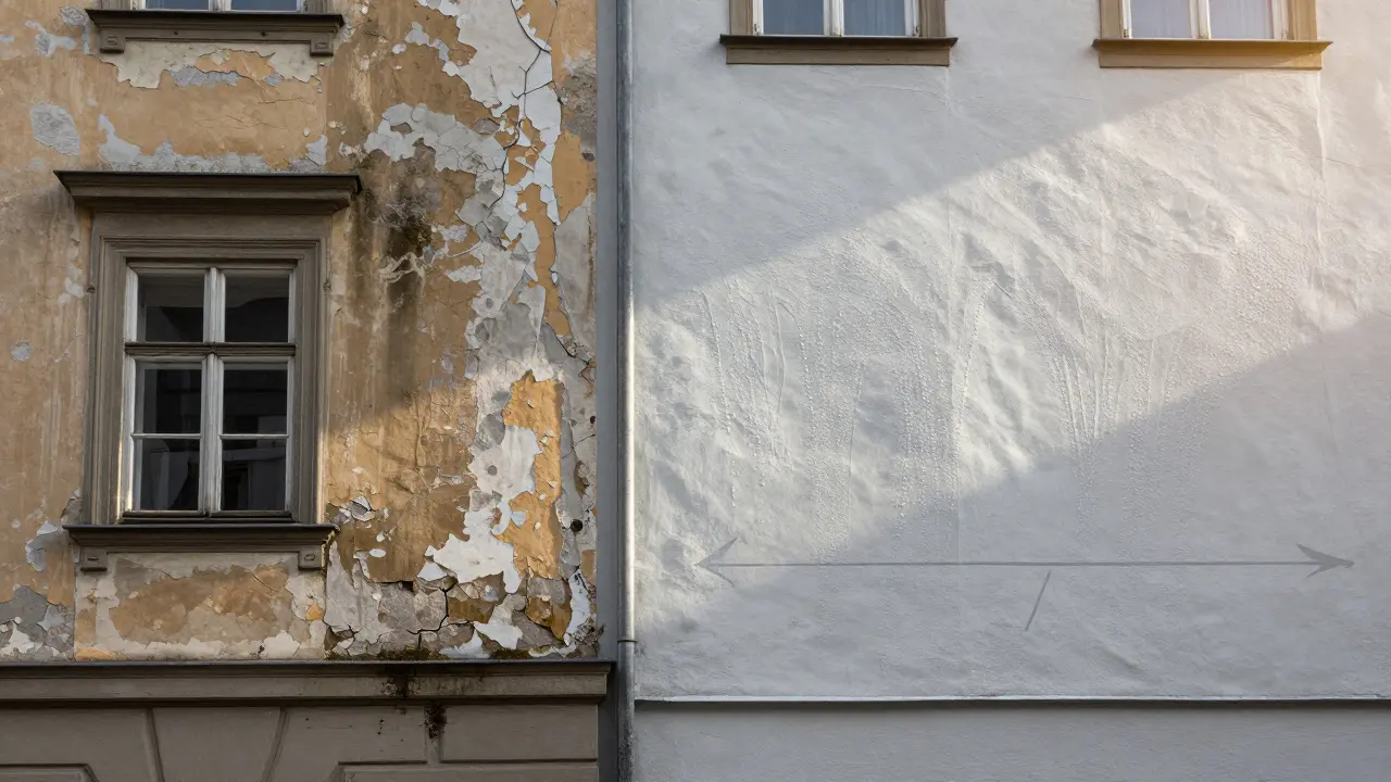 Vergleich: beschädigte Fassade links, wasserabweisender Anstrich rechts mit abperlenden Tropfen.