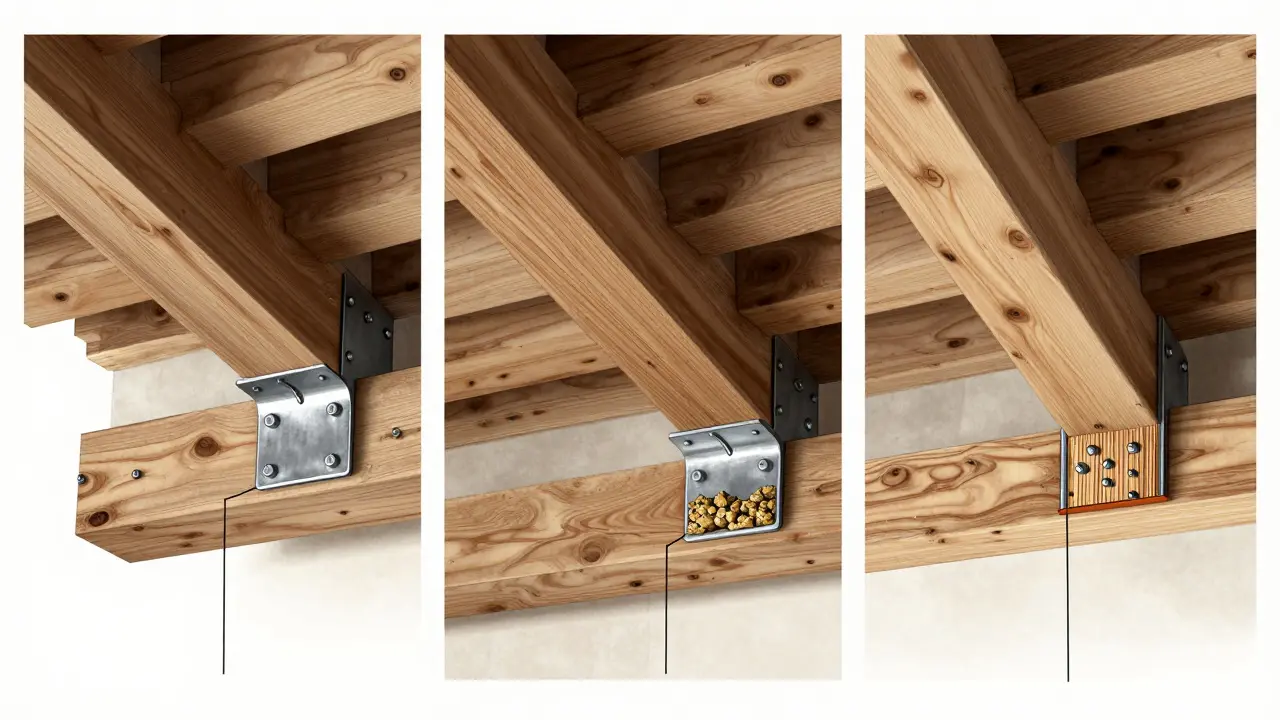 Vergleich der drei Methoden zur Verstärkung alter Holzbalkendecken: Stahl-U-Profile, neue Balken und Schichtholz mit Stabdübeln.