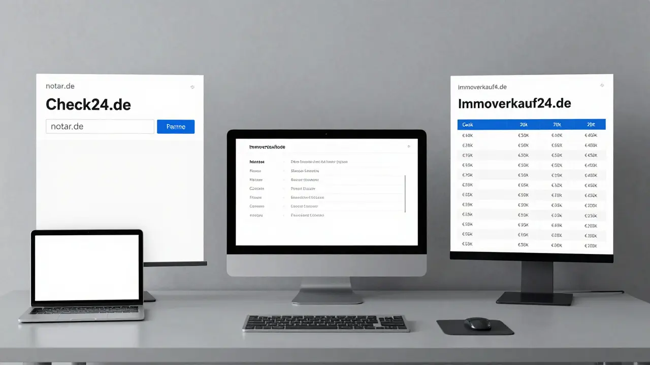 Vergleich dreier Online-Rechner für Notarkosten mit unterschiedlichen Detailgraden auf Bildschirmen.