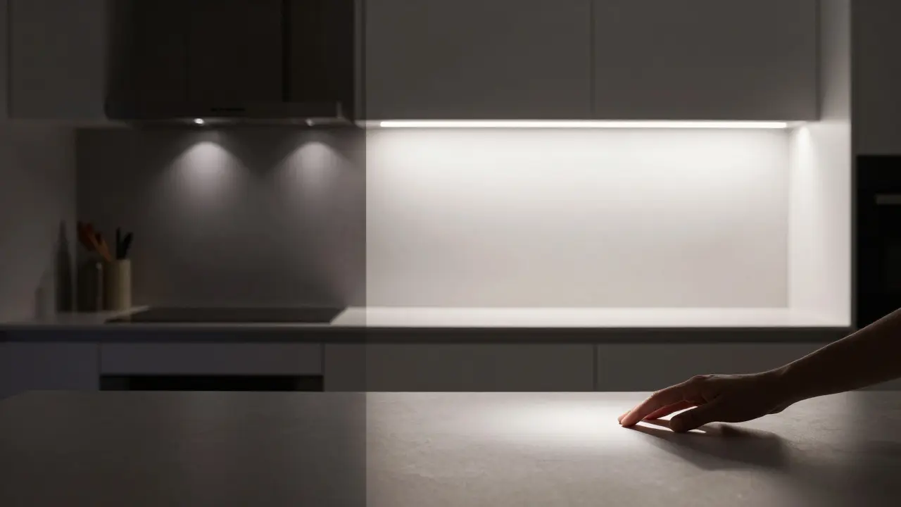 Vergleich: Dunkle Küche mit Halogenlicht links, helles, gleichmäßiges LED-Licht rechts.