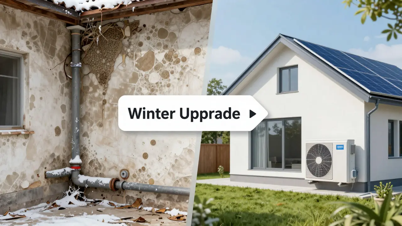 Vergleich: Schimmelige Wand links, moderne Heizung mit Solaranlage rechts – symbolisiert die Wahl zwischen Notstand und geplanter Sanierung.