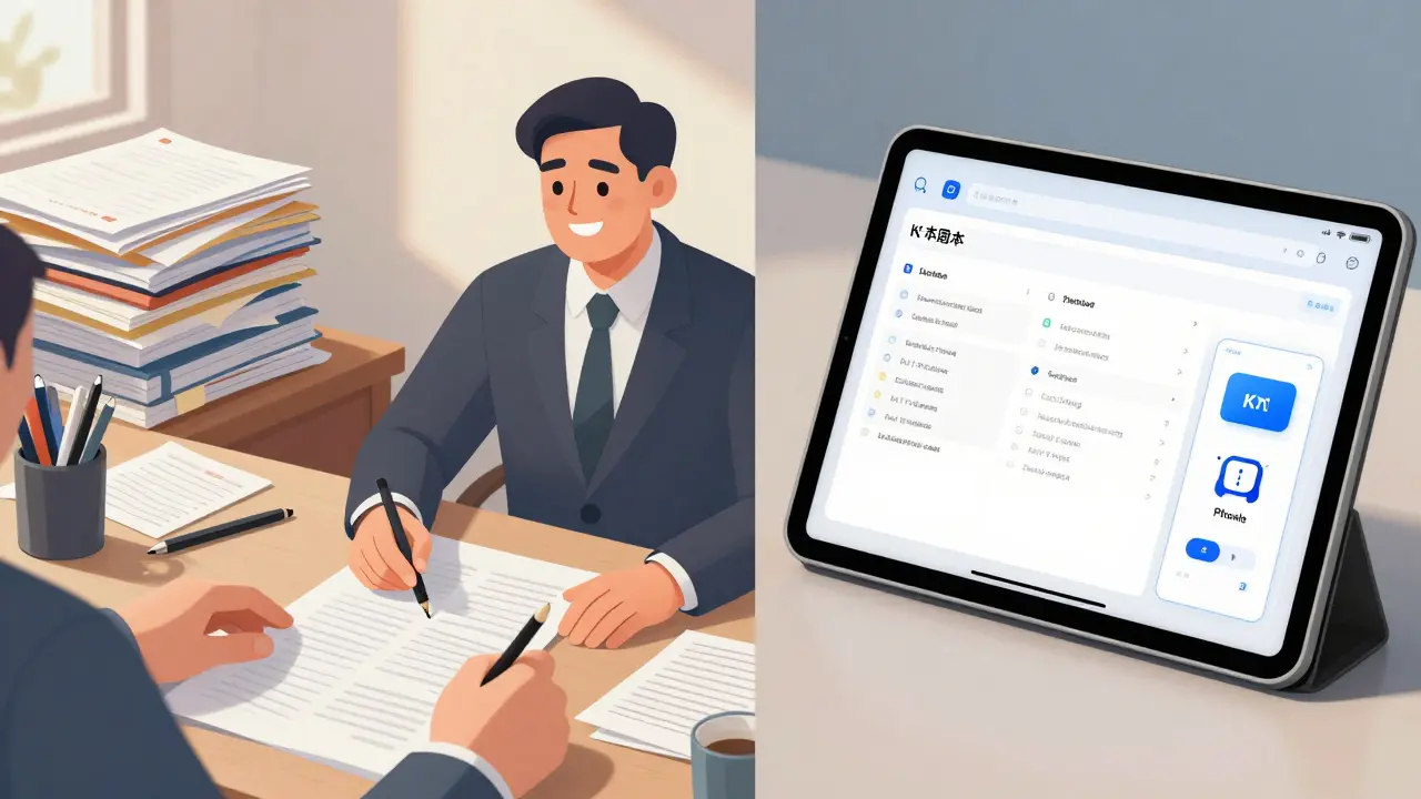 Vergleich zwischen einem unordentlichen Papierarbeitsplatz und einer klaren digitalen Vermietungssoftware-Oberfläche.