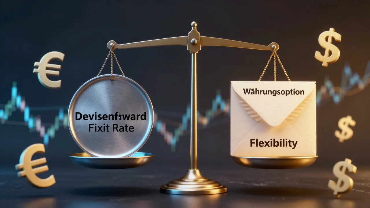 Waage mit Devisenforward und Währungsoption, umgeben von Euro- und Dollar-Symbolen.