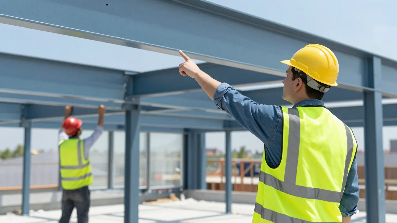 Bauleiter in Warnweste kontrolliert Ordnung auf professioneller Baustelle.