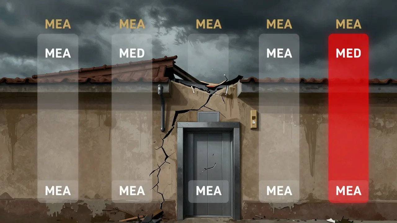 Building facade with structural damage and transparent cost distribution by apartment size based on Miteigentumsanteil.