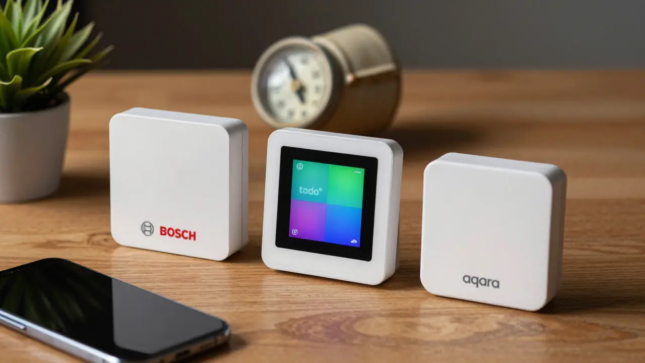 Drei verschiedene intelligente Heizkörperthermostate — Bosch, tado° und Aqara — nebeneinander auf Holztisch.