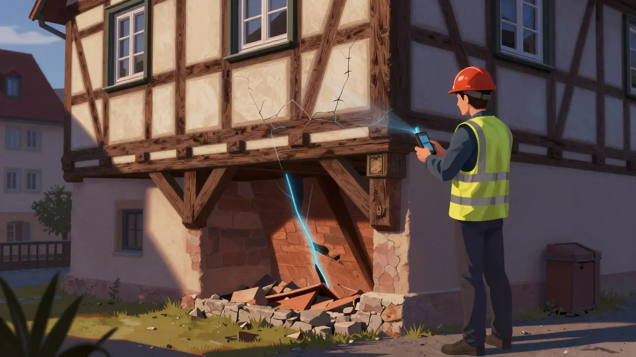 Ein Bausachverständiger untersucht verborgene Risse in einem Haus in der Schwäbischen Alb mit einem diagnostischen Gerät.