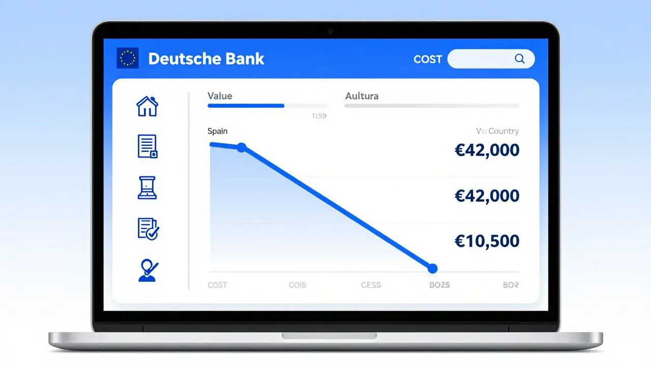 Ein digitaler Bildschirm mit einem interaktiven Kalkulator, der die Kosten für Immobilienkäufe in der EU von hoch auf niedrig sinken lässt, während Österreich als günstige Option angezeigt wird.
