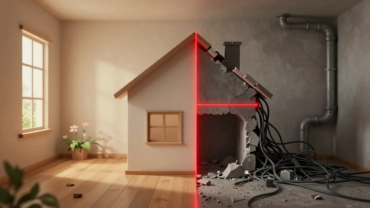 Ein Haus in zwei Hälften: eine sichere, gestaltete Seite und eine gefährliche, technisch versagende Seite.