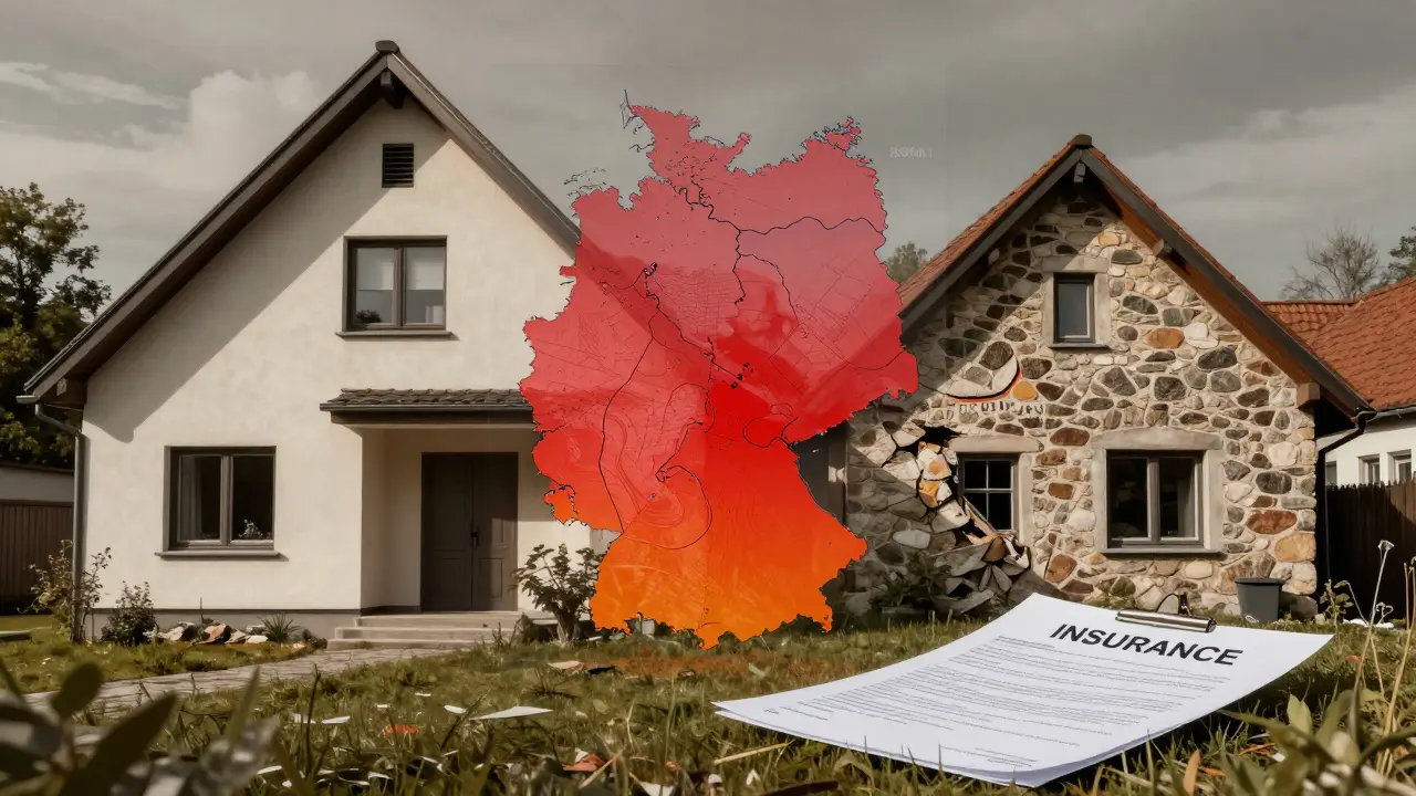 Ein modernes Haus neben einem verfallenen alten Haus, mit einer transparenten Karte deutscher Erdbebenrisikozonen.