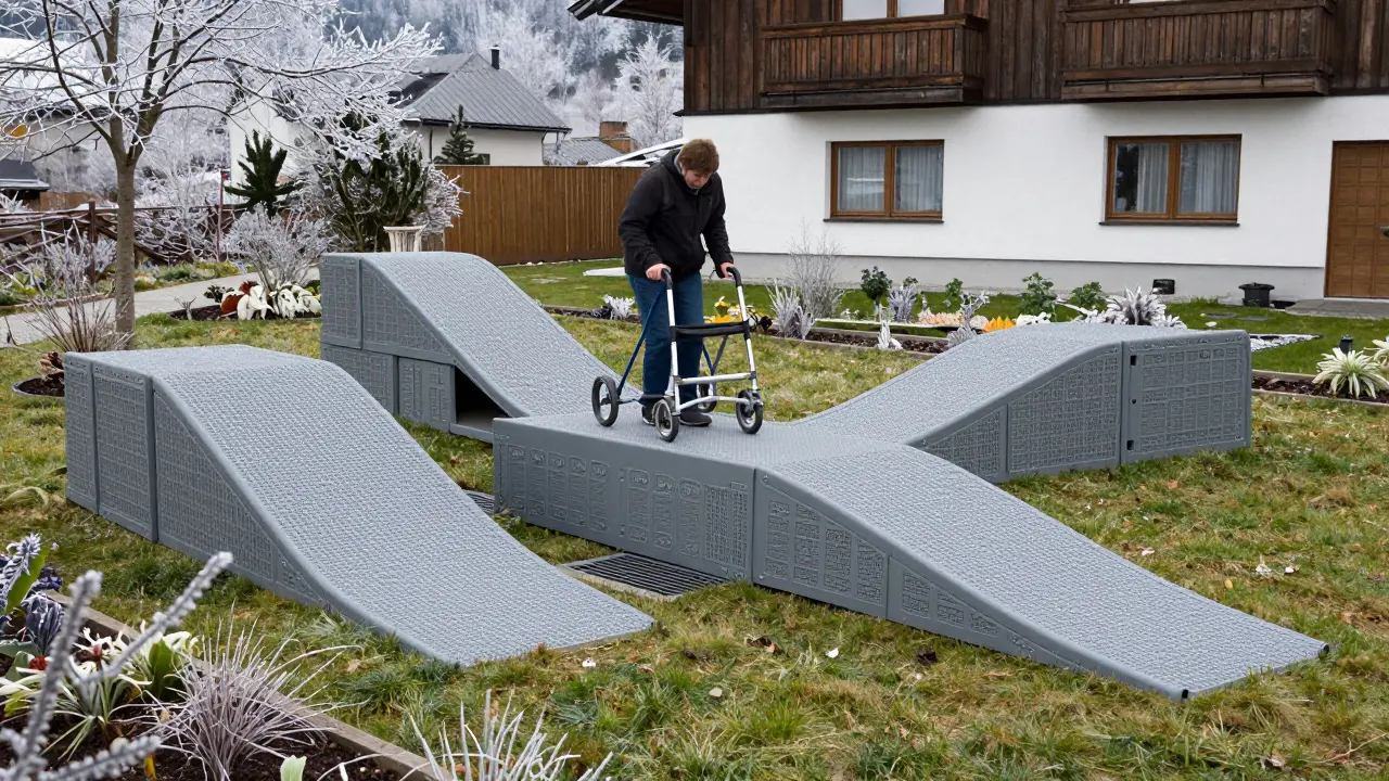 Ein modulares Rampensystem aus recyceltem Kunststoff passt sich unebenem Gelände an und bietet sichere Steigung.