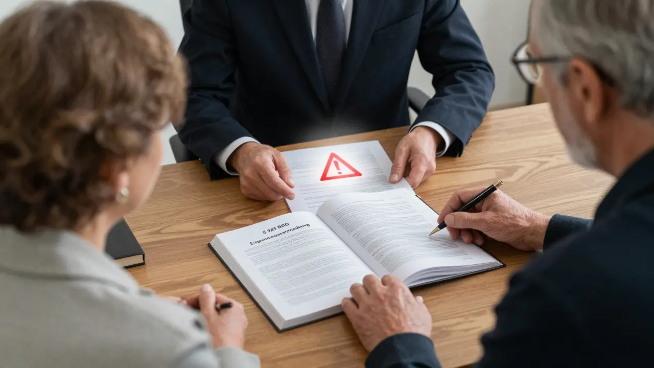 Ein Notar erklärt einem älteren Paar und seinem Kind die rechtlichen Absicherungen bei einer Immobilienschenkung.