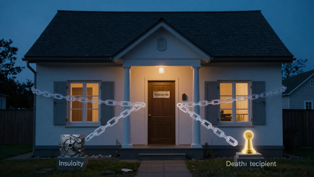 Ein verlassenes Haus umgeben von rechtlichen Sicherungsmechanismen, die vor Verlust schützen.