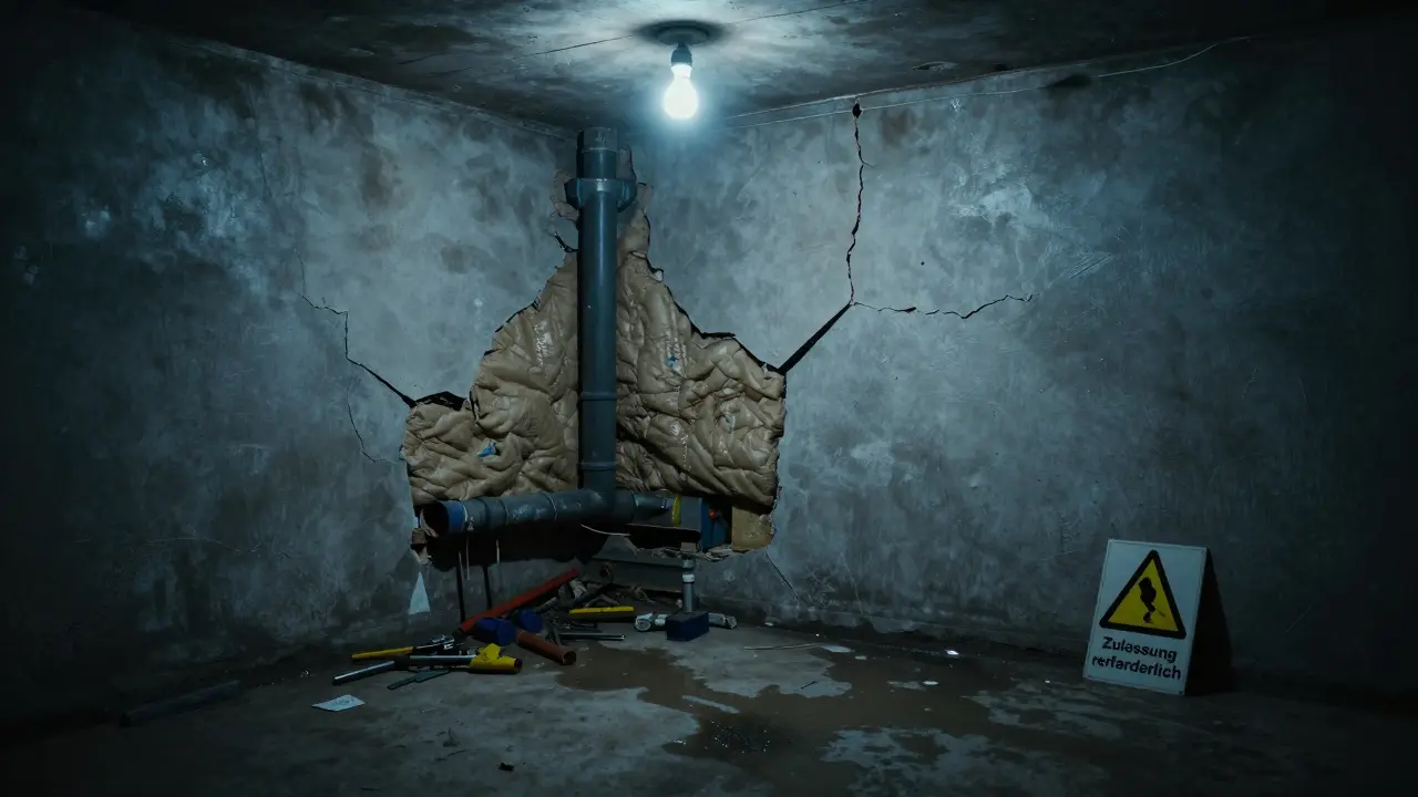 Eine beschädigte Wasserleitung und eine gerissene Wand im Keller mit dunklen Schäden.