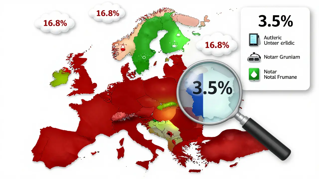 Eine Europa-Karte mit farblich markierten Ländern, die hohe und niedrige Immobilienkosten anzeigen, wobei Österreich als transparente Option hervorgehoben ist.