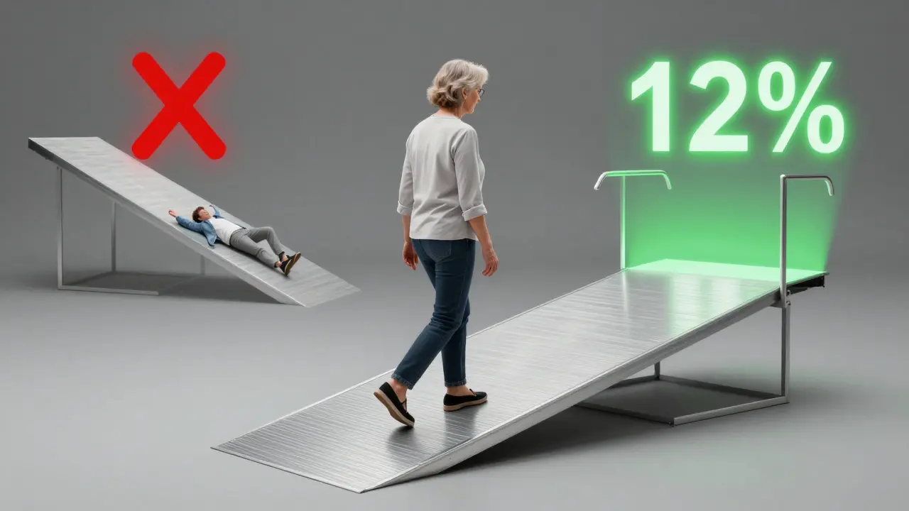 Eine Frau geht sicher eine铝合金-Rampe hinauf, während eine gefährliche, zu steile Rampe im Hintergrund abgelehnt wird.