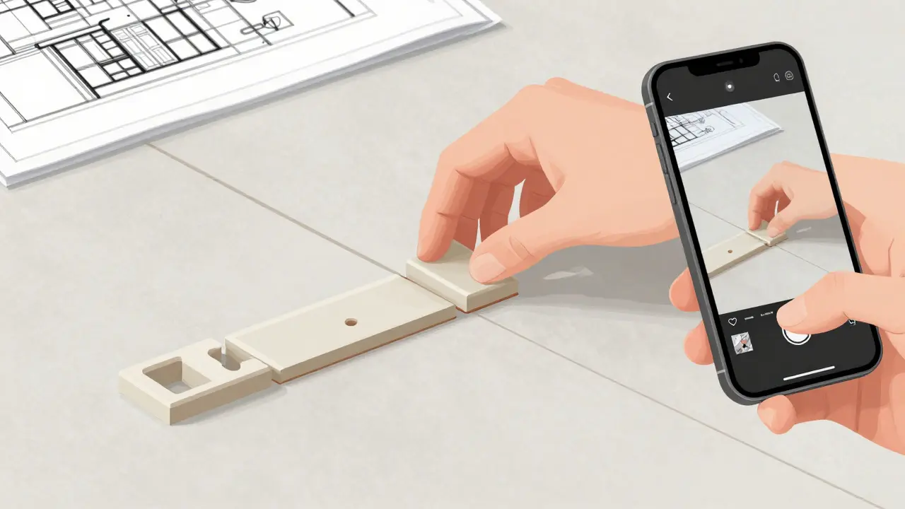 Eine Hand legt Abstandshalter zwischen Fliesen, während ein Smartphone das Projekt fotografiert.
