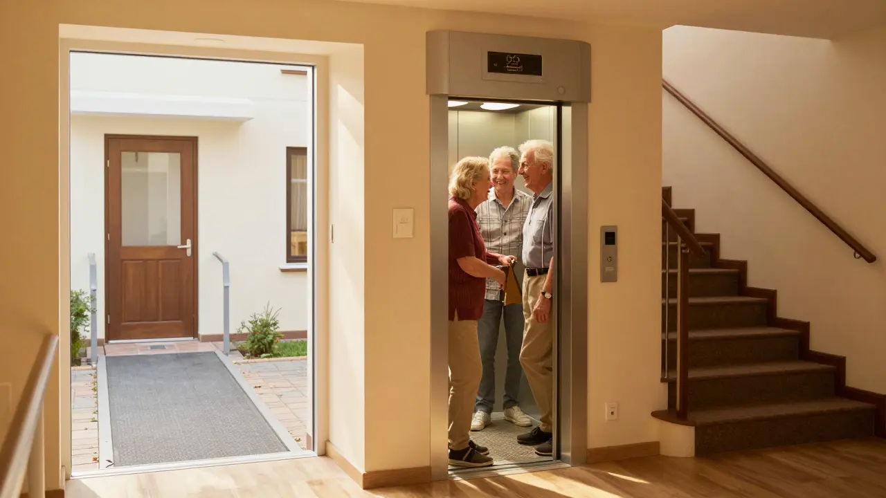 Elevator in Mehrfamilienhaus mit älteren Bewohnern, Rampen und Geländer am Eingang.