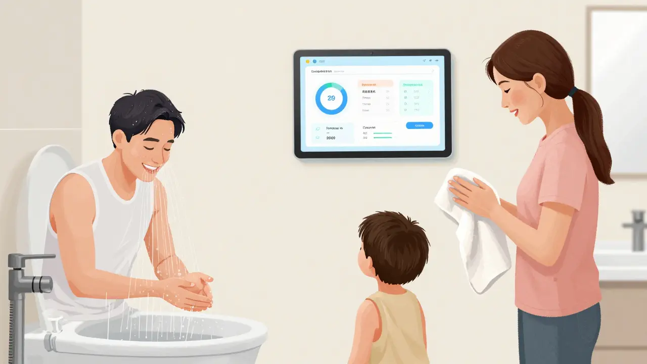 Familie nutzt ein Dusch-WC: Mann wird mit Wasser gereinigt, Frau trocknet sich, Kind schaut zu — smarte App im Hintergrund.