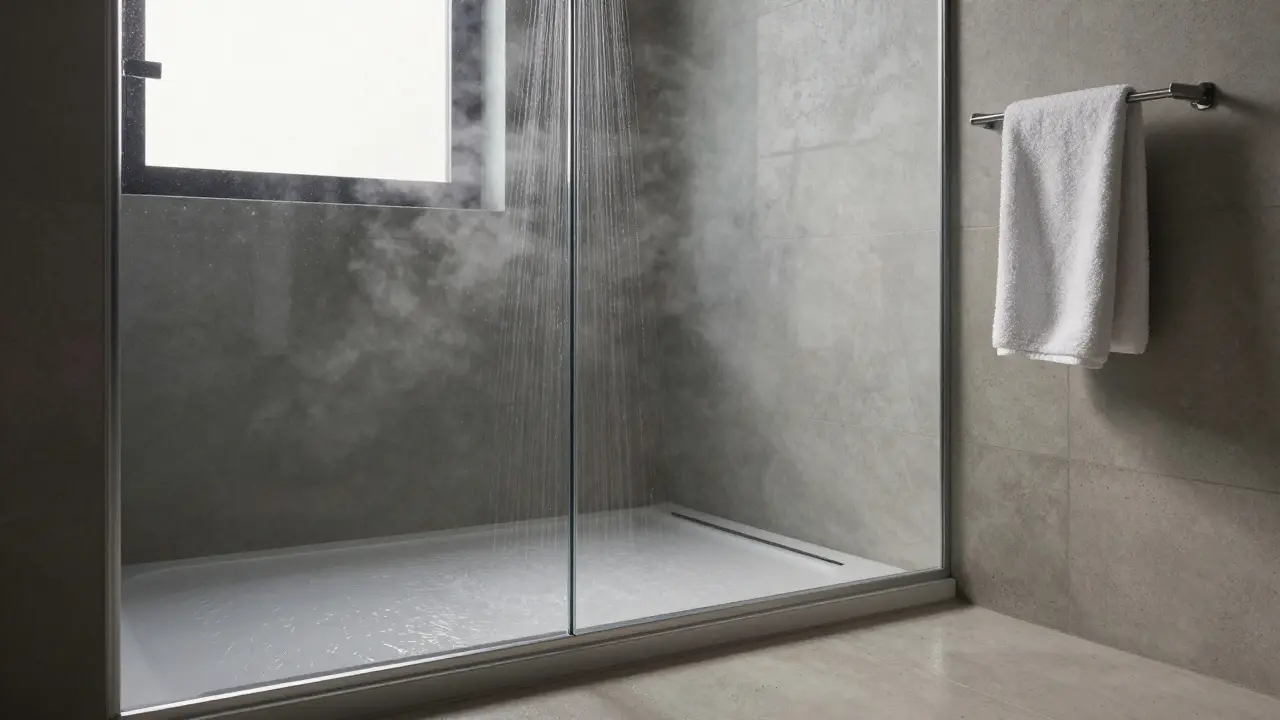 Fertige bodengleiche Dusche mit glattem Fließwasser und gläserner Duschwand in einem modernen Badezimmer.