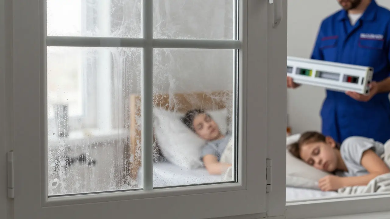 Feuchtigkeit zwischen den Glasscheiben eines Fensters, Techniker bereitet den Austausch vor, leichte Schimmelflecken am Rahmen.