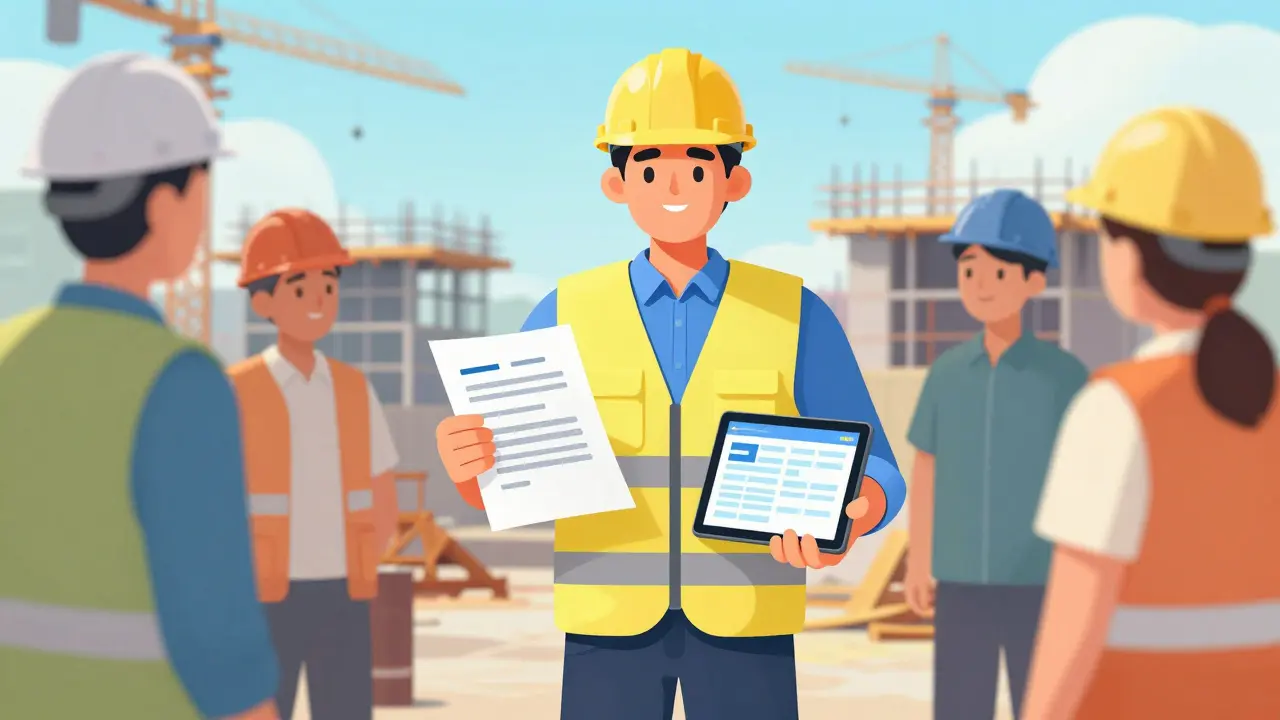 Generalunternehmer leitet ein Bauteam mit einheitlichem Zeitplan und digitaler Übersicht.