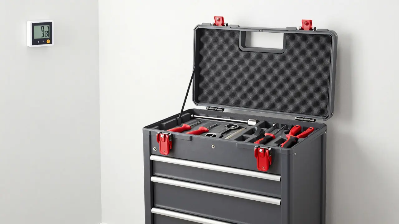 Gepflegter Werkzeugkasten mit ordentlich sortierten Geräten in feuchtigkeitsgeschütztem Raum.