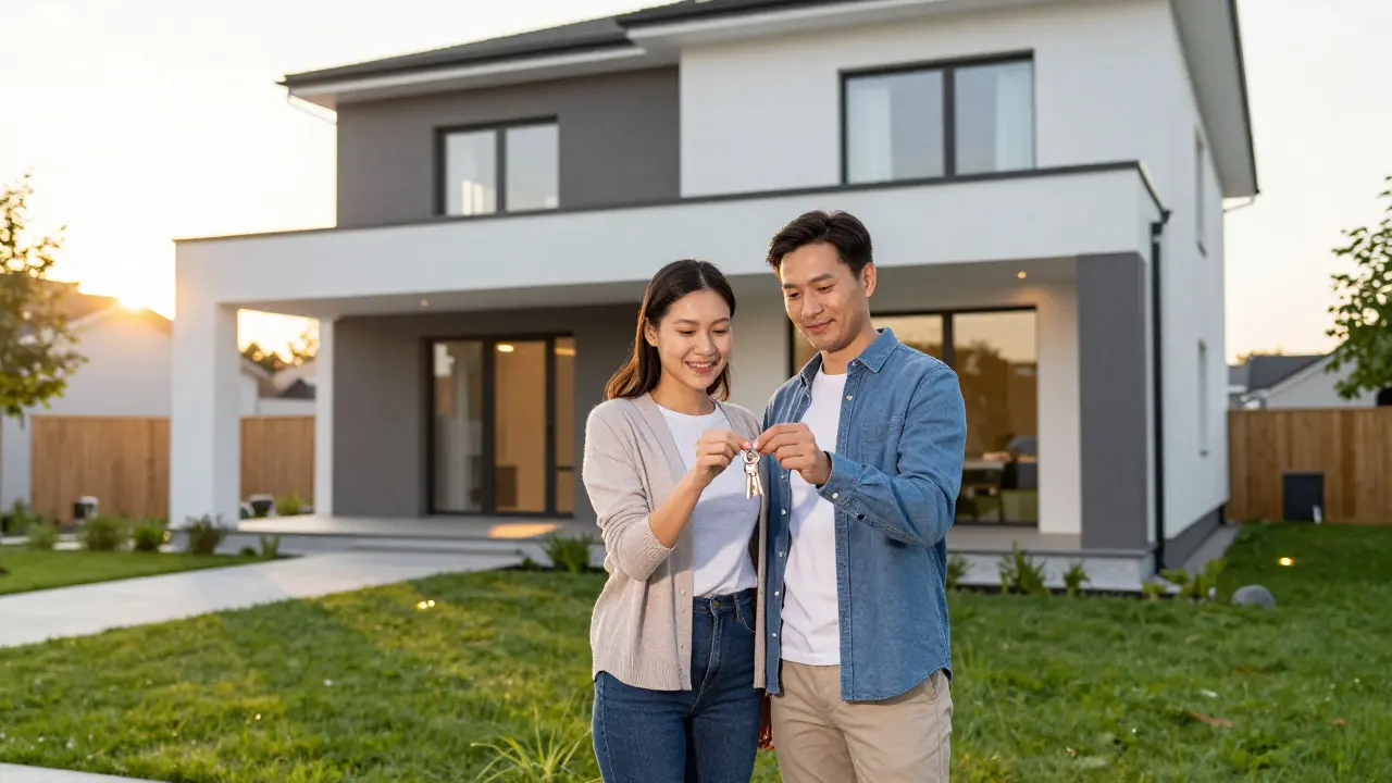 Glückliches Paar hält Schlüssel vor fertigem modernen Haus bei Sonnenuntergang.