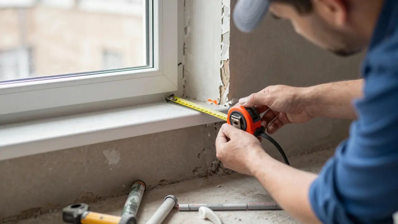 Handwerker misst Wandtiefe für Radiator-Montage