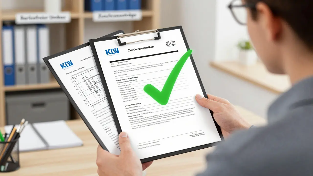 Hausbesitzer reicht Antragsunterlagen für barrierefreien Umbau bei KfW-Berater ein.