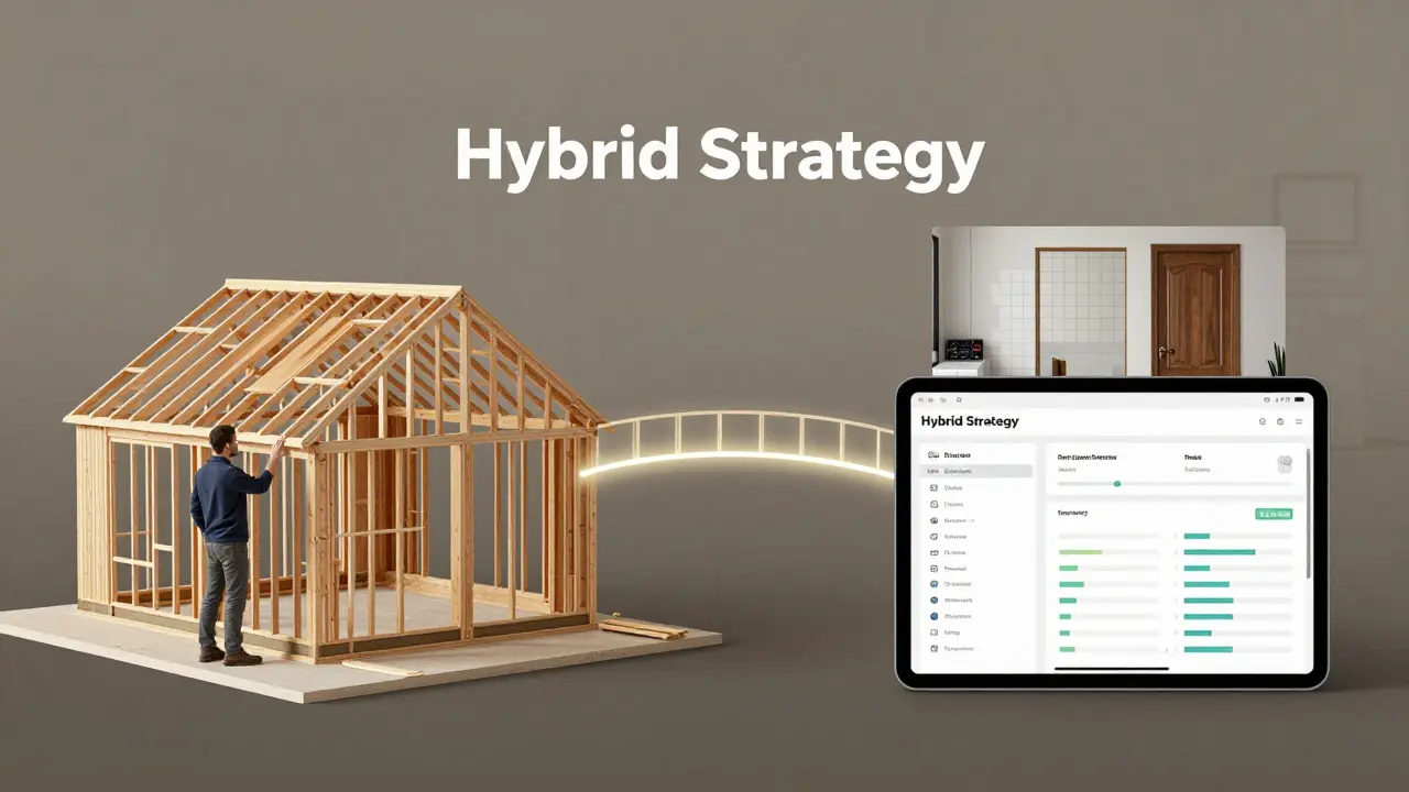 Hybride Baustrategie: Generalunternehmer für Rohbau, Eigenverantwortung für Innenausbau mit digitaler Steuerung.