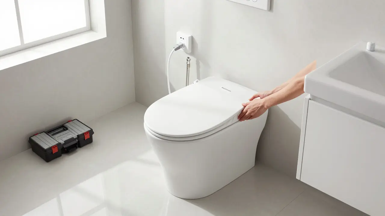 Jemand installiert einen Geberit Dusch-WC-Aufsatz mit T-Stück und Stromkabel, alte Toilettenklappe daneben.