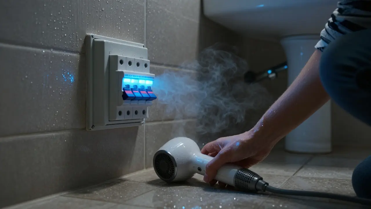 Person greift nach einem defekten Föhn im Badezimmer, während der FI-Schutzschalter automatisch auslöst.